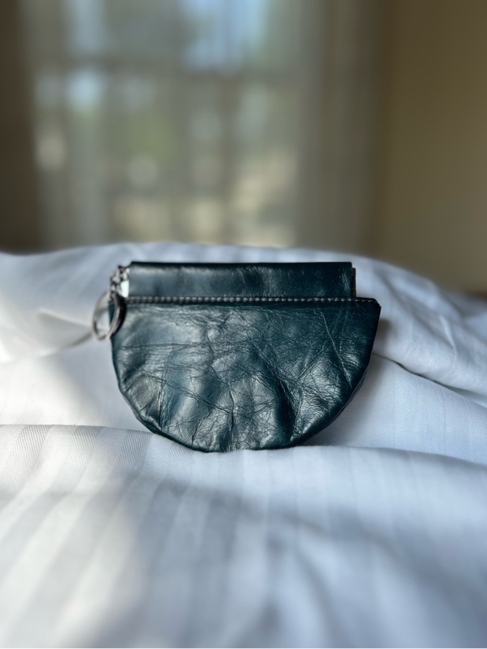 Vintage Teal Leather Expandable Coin Pouch Key Ring